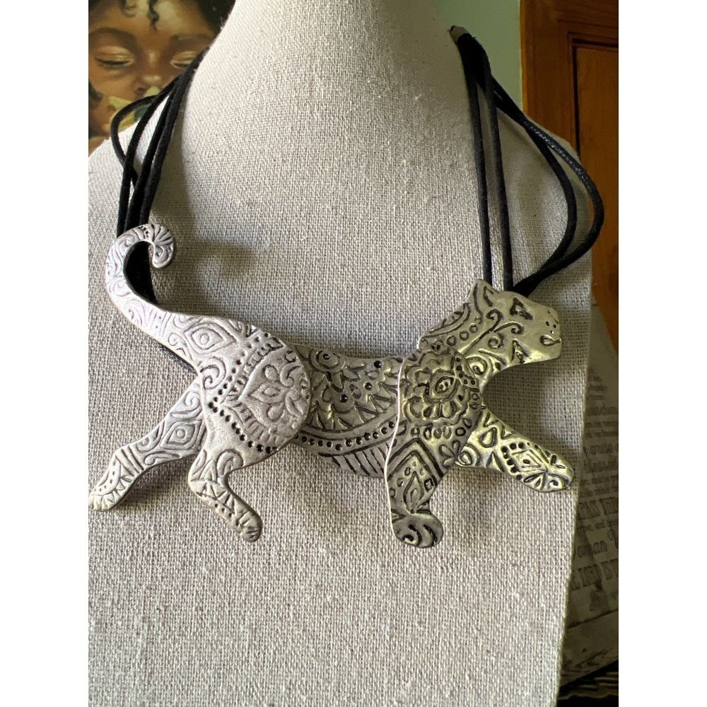 Scroll and Dots Metal Engraved Tiger Necklace -- 16"